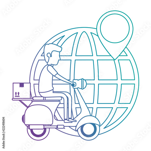 delivery worker in motorcycle and planet