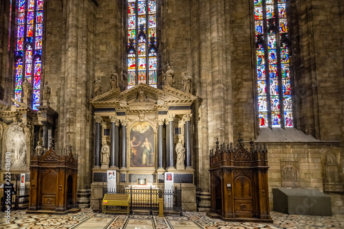 Columns, ceiling, vaults, stainglass windows, alters of interior of the Duomo di Milano photo