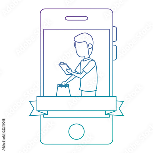 smartphone with delivery worker shopping bag
