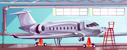 Vector cartoon illustration gray airliner, jet in aviation hangar. Maintenance and service of commercial airplane during technical preflight preparation. Concept advertising banner, safety of flight