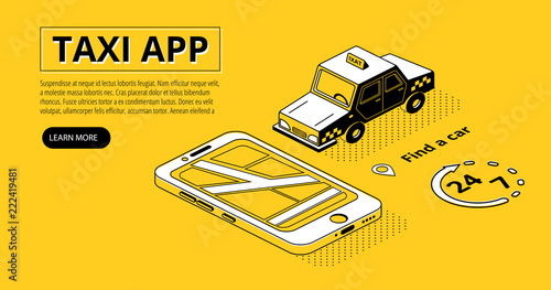 Taxi smartphone app vector illustration in black thin line isometric design on yellow halftone background. Car and city map on mobile phone for online carsharing or carpool application