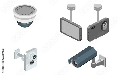 Security alarm and CCTV surveillance system vector illustration. Isolated set of digital video cameras with infrared sensors for home or property safety monitoring against burglary theft intruders