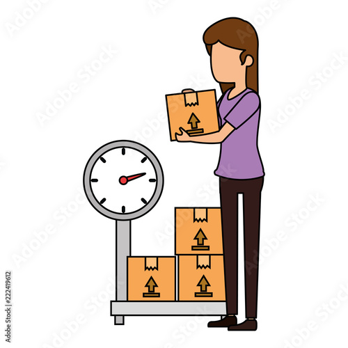 woman receiving merchandise with boxes and balance