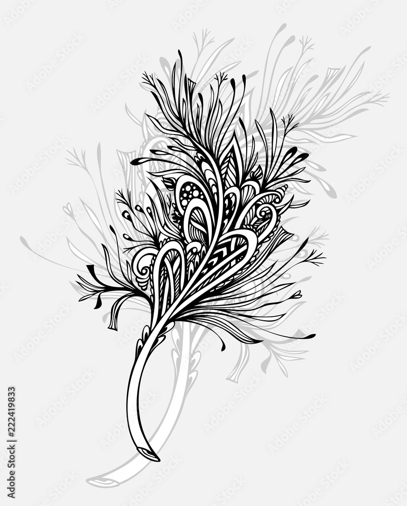Decorative Feather in Zen doodle or Zen tangle Boho style black on white  for coloring page or for tattoo or decoration different things. Symbol of  lightness elegance grace. Stock Vector | Adobe