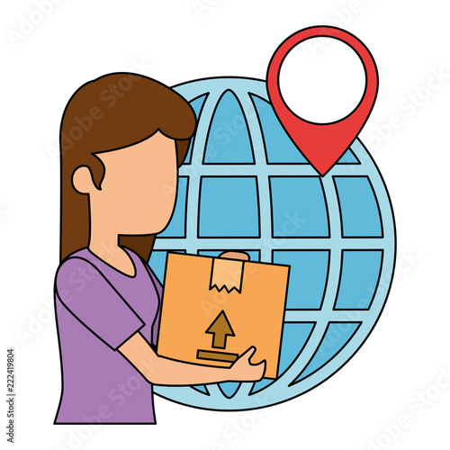 woman receiving merchandise with box and planet
