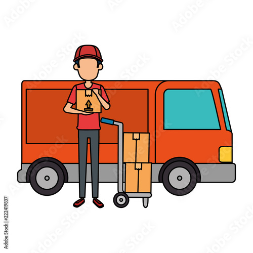 delivery worker with cart and truck
