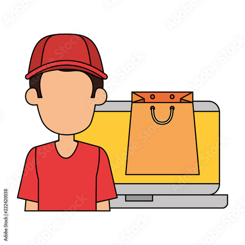 laptop with delivery worker and shopping bag