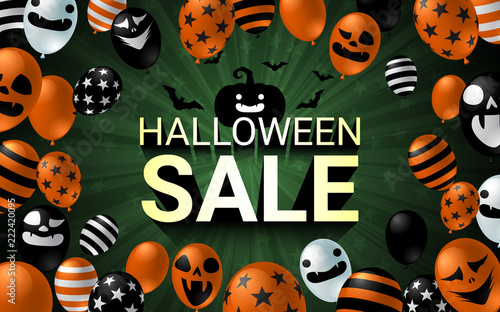 Halloween Sale banner with scary balloon on dark background design. Halloween celebration concept advertising vector illustration.