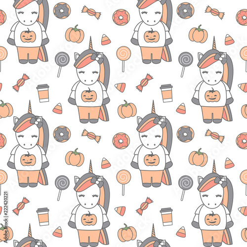 Fototapeta Naklejka Na Ścianę i Meble -  cute cartoon halloween seamless vector pattern background illustration with unicorns, pumpkins, donuts and candies