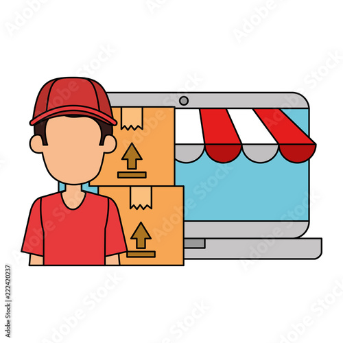 laptop with delivery worker and boxes