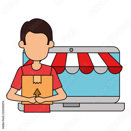 laptop with delivery worker and boxes