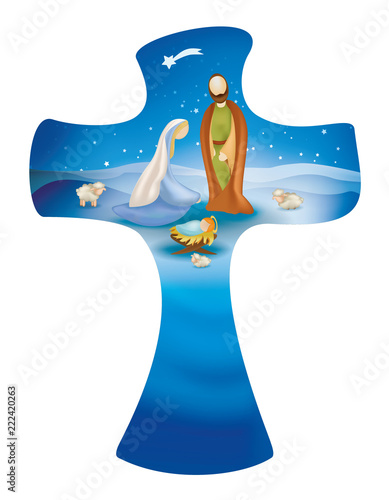 Cross whit vector nativity scene on blue background. Jesus Mary Joseph
