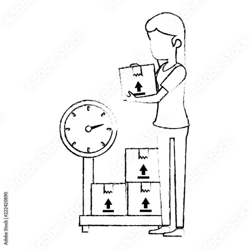 woman receiving merchandise with boxes and balance