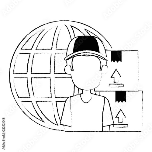 delivery worker with boxes and planet