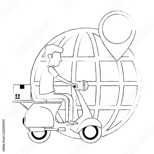 delivery worker in motorcycle and planet