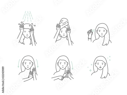 Beauty fashion girl apply hair mask. Line style vector illustration.