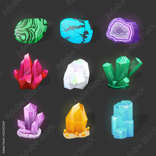 Crystalline stone or gem. Precious gemstone. Magic crystals and semiprecious stones vector set. Untreated diamond, malachite, turquoise, quartz. Game glowing crystals icons.
