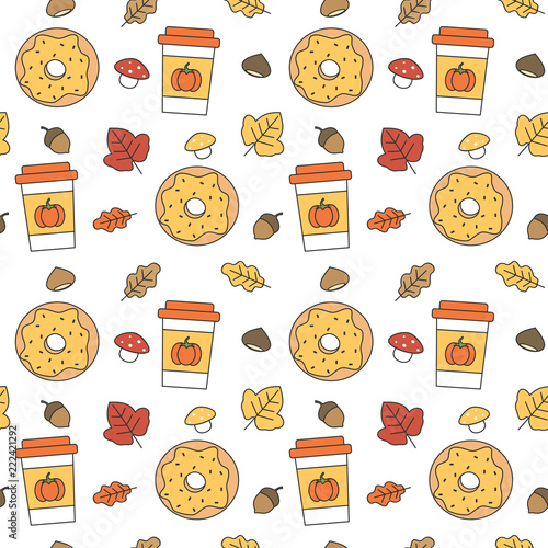 cute lovely autumn seamless vector pattern background illustration with donuts, paper cup, leaves, acorns and chestnuts