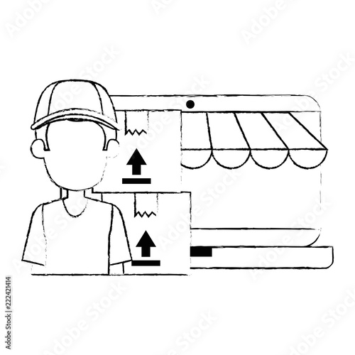 laptop with delivery worker and boxes