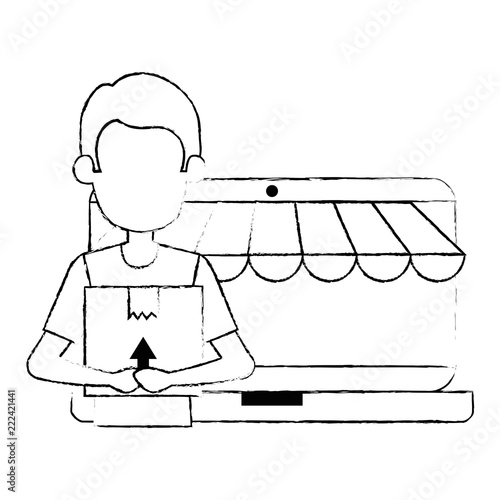 laptop with delivery worker and boxes
