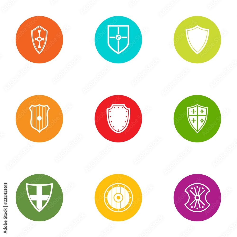 Tower shield icons set. Flat set of 9 tower shield vector icons for web isolated on white background
