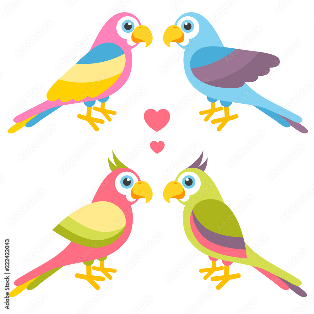Couples of cartoon colorful parrots in love Couples of cartoon colorful parrots in love