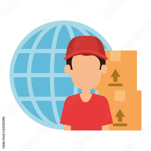 delivery worker with boxes and planet