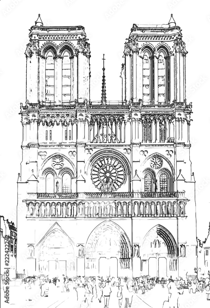 Illustration, in sketch style, of Notre Dame de Paris - Paris, France