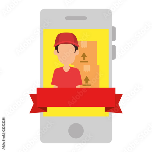 smartphone with delivery worker and boxes