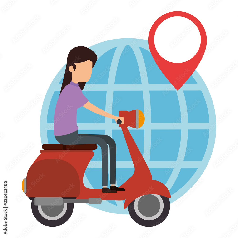 woman driving scooter and planet