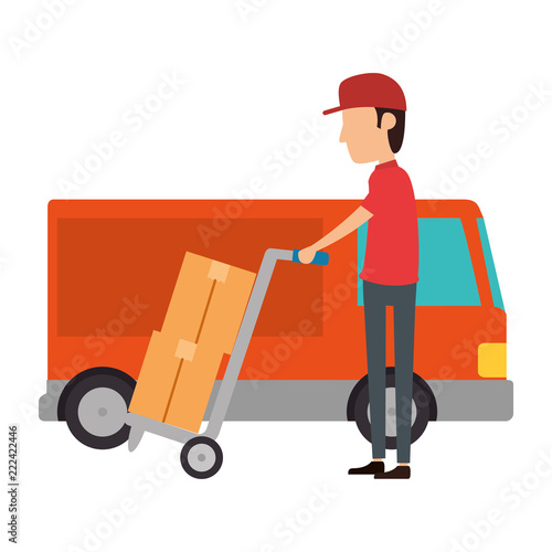 delivery worker with cart and truck