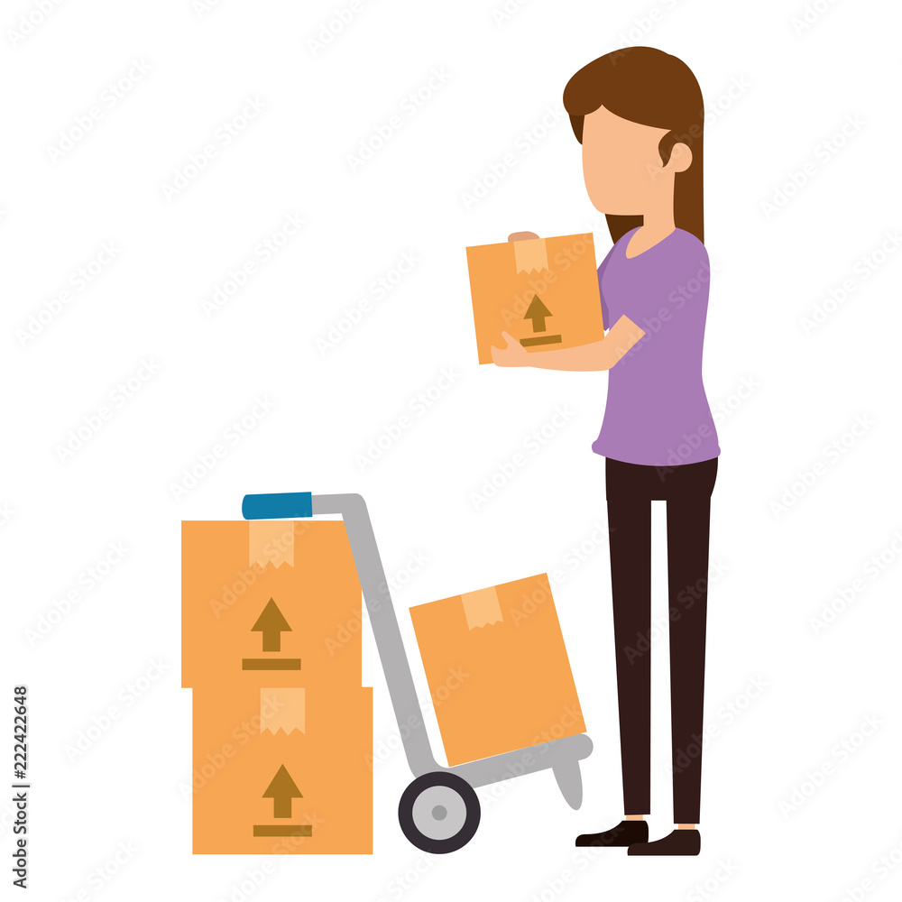 woman receiving merchandise with boxes and cart woman receiving merchandise with boxes and cart