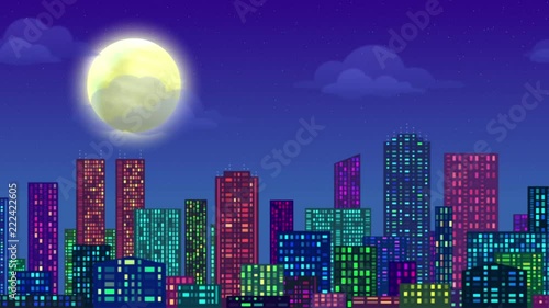 Fullhd 1920x1080 Progressive Seamlessly Looping Video of Fast Passing by Night City, Urban Landscape with Skyscrapers Under Starry Sky with Great Bright Moon. Animated Background