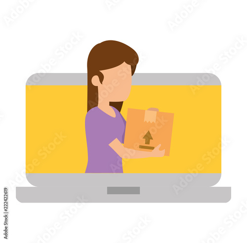 laptop with woman receiving merchandise