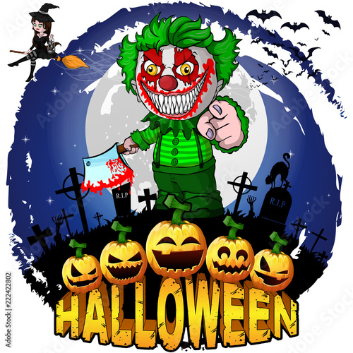 Halloween Design template with evil clown. Vector illustration.
