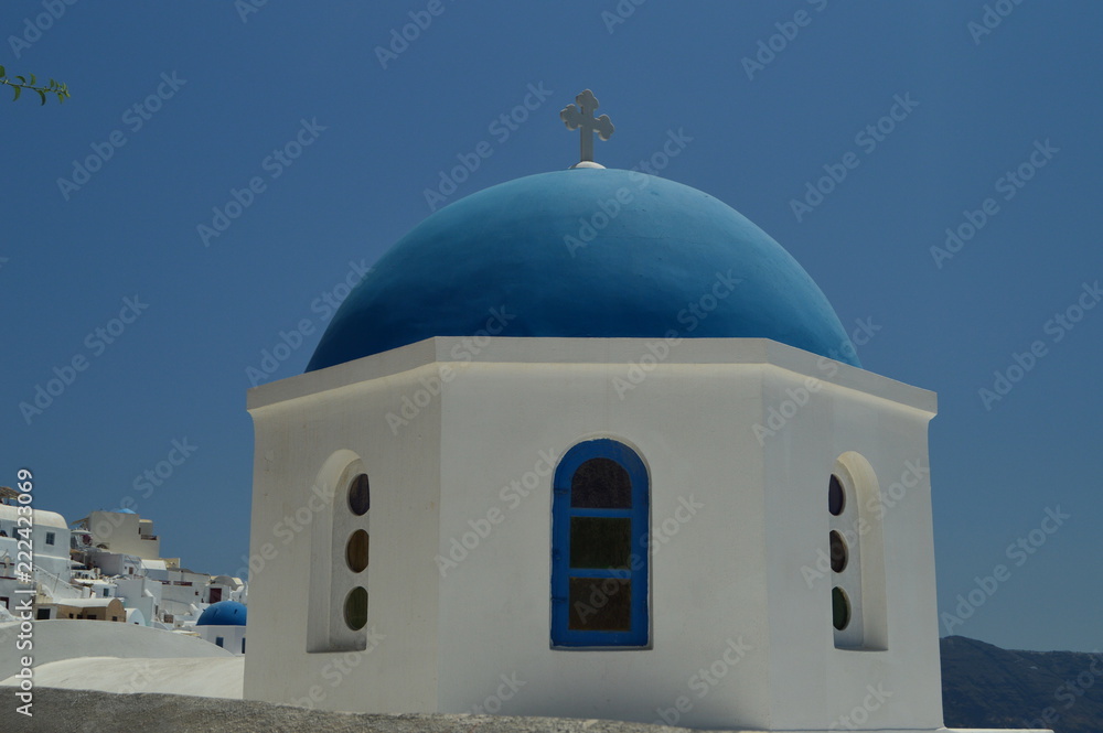 Typical White And Blue Roof In The Beautiful City Of Oia On The Island Of Santorini. Architecture, landscapes, travel, cruises. July 7, 2018. Island of Santorini, Thera. Greece.