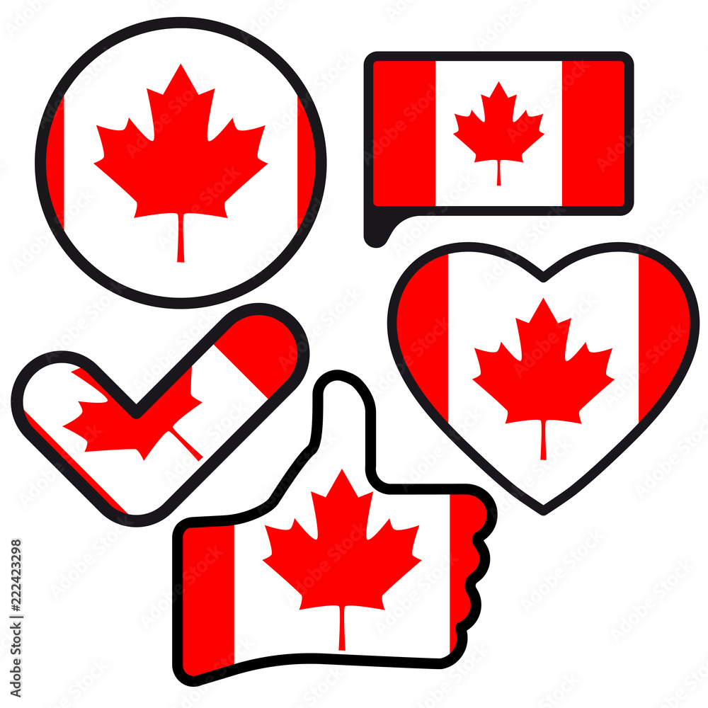 Flag of Canada in the shape of Button, Heart, Like, Check mark, flat style, symbol of love for his country, patriotism, icon for Independence Day. Flag of Canada in the shape of Button, Heart, Like, Check mark, flat style, symbol of love for his country, patriotism, icon for Independence Day.