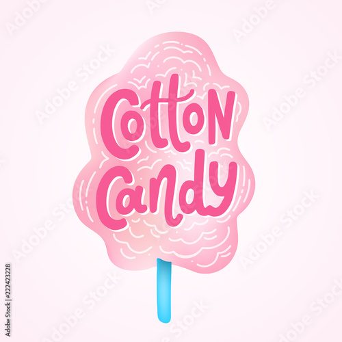 Cotton candy on stick. Text logo lettering for dessert for kids. Hand drawn vector illustration for your design. Print poster, flyers, stickers, tee, shirt. Pink color.