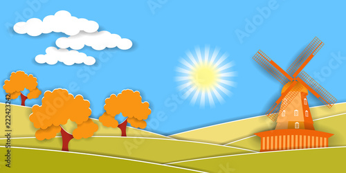 Autumn rural landscape with windmill and fruit trees. Paper cut shapes and layers as countryside design