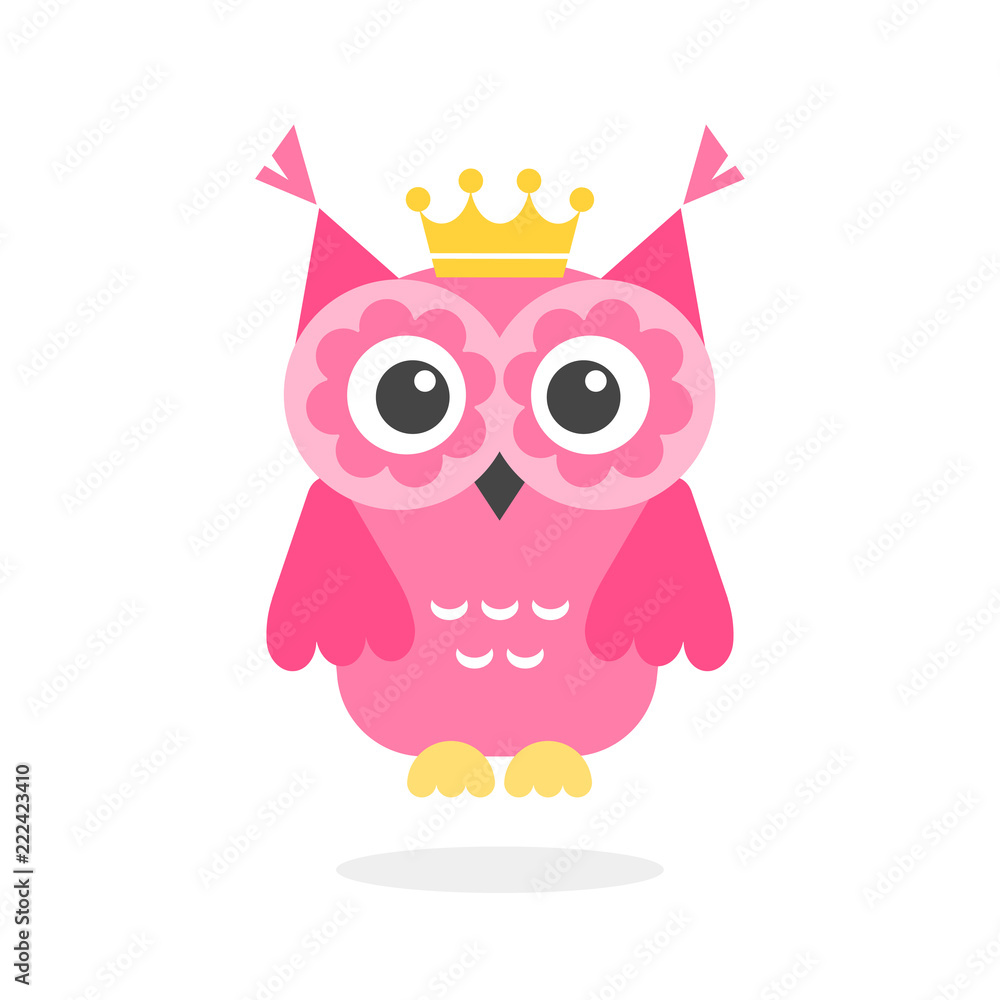 Funny pink owl with crown isolated on white