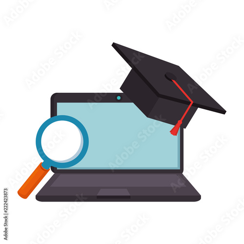 laptop with magnifying and hat graduation