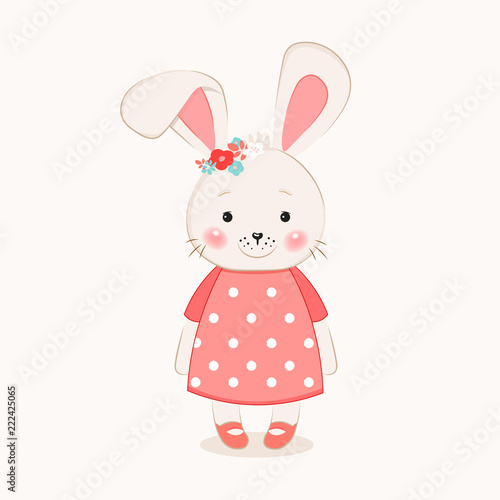 Cute Bunny girl cartoon hand drawn vector illustration for baby t-shirt print, fashion print design, kids wear, clothes, baby celebration greeting and invitation card.