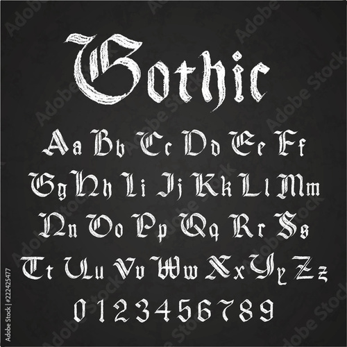 Old hand drawn gothic letters drawing with white chalk on black chalkboard
