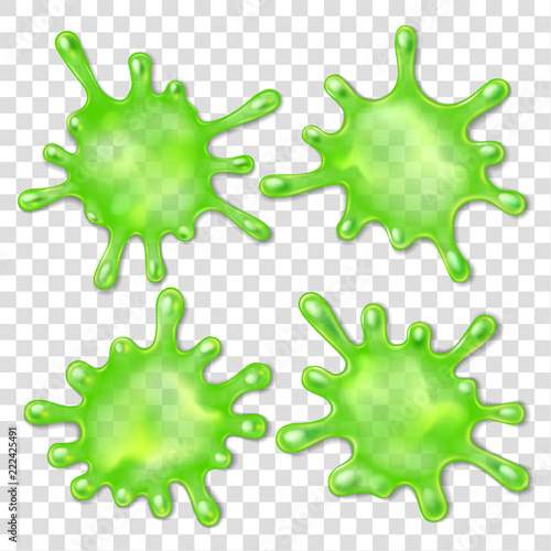 Green slime spot. 3d Splatter snail slug, mucus splash spots with dripping drops vector illustration set