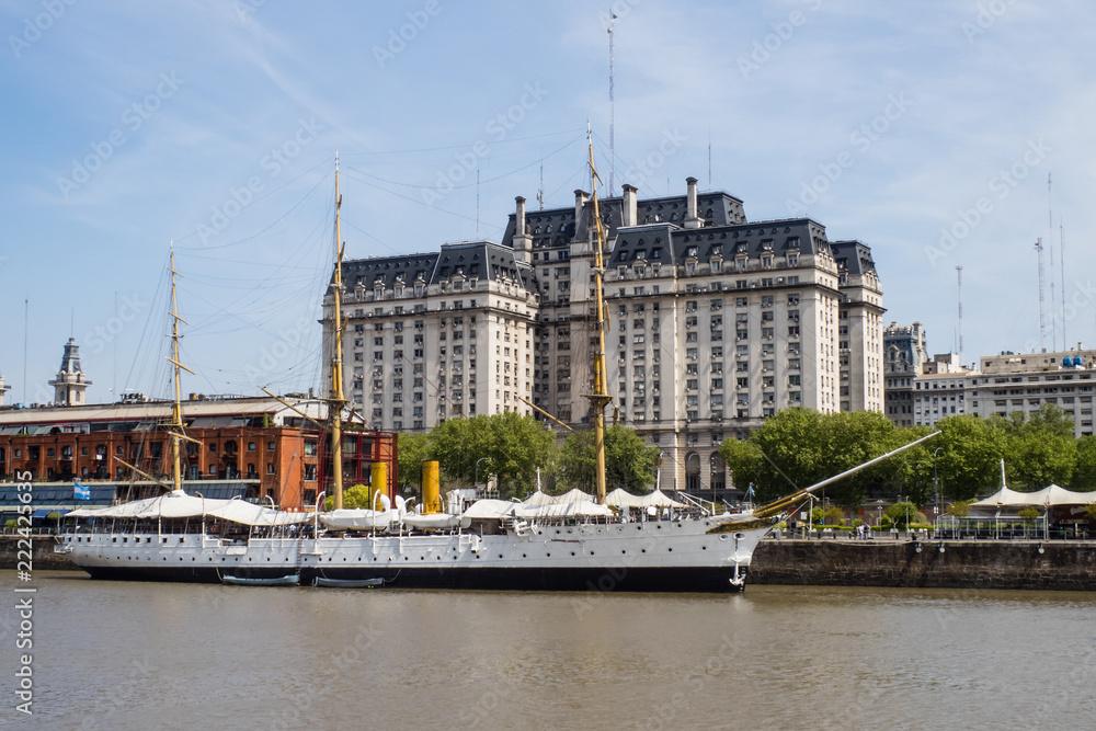 Naklejka premium Defense building in Puerto Madero Buenos Aires Argentina, navy sailboat