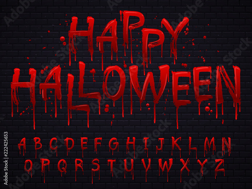 Halloween font. Horror alphabet letters written blood, scary bleed font or wet bloody sign isolated vector illustration