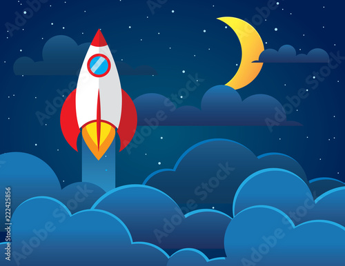 Vector color flat style illustration of a night sky with a crescent, clouds and stars. The rocket flies up over the background of the night starry sky. Design elements for creating a startup concept