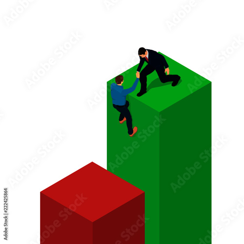 A businessman helps a man scramble to a diagram.  A businessman gives a helping hand to a beginner in business. 