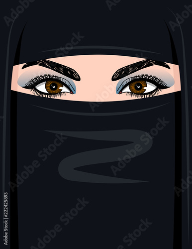 Vector colored illustration of an Arab woman in hijab. The eyes of a beautiful woman in a black scarf from Saudi Arabia. Design for a flyer or a label traditional Islamic women's clothing