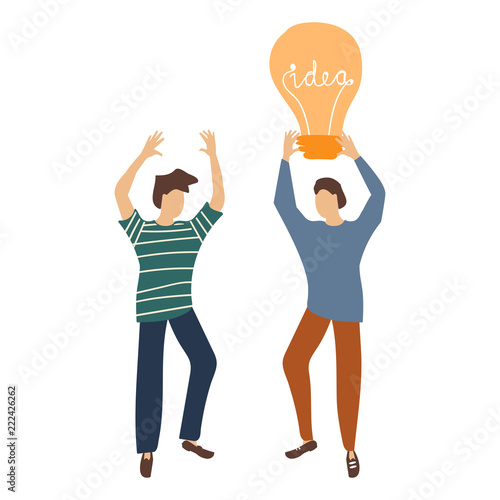 Business team idea. Cool vector illustration on group of young people celebrating abstract brainstorm result. two young businessmen jumping and cheering happily holding idea bulb.